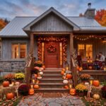 Décoration extérieure d’Halloween devant une maison au Québec en automne
