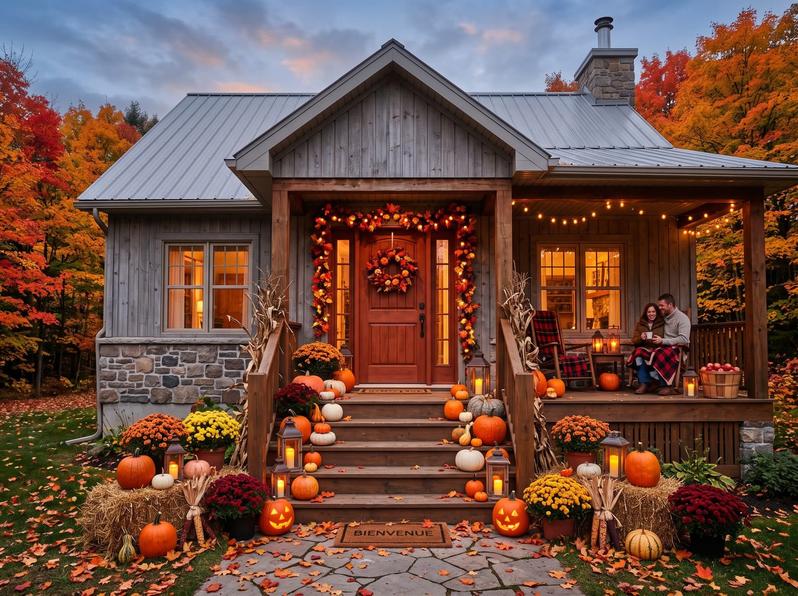 Décoration extérieure d’Halloween devant une maison au Québec en automne