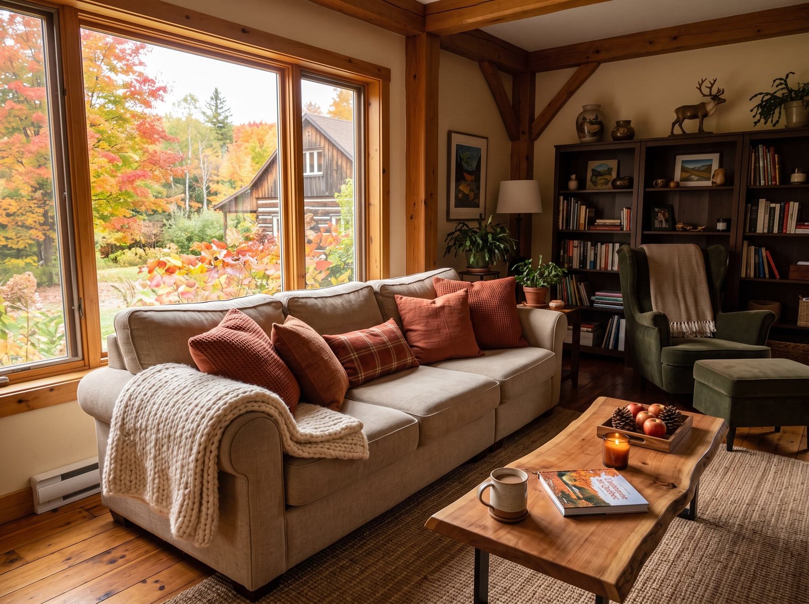 Salon chaleureux décoré avec des couleurs chaudes pour l’automne au Québec