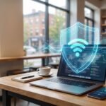 Ordinateur et téléphone protégés par un bouclier numérique lors d’une connexion Wi-Fi publique.