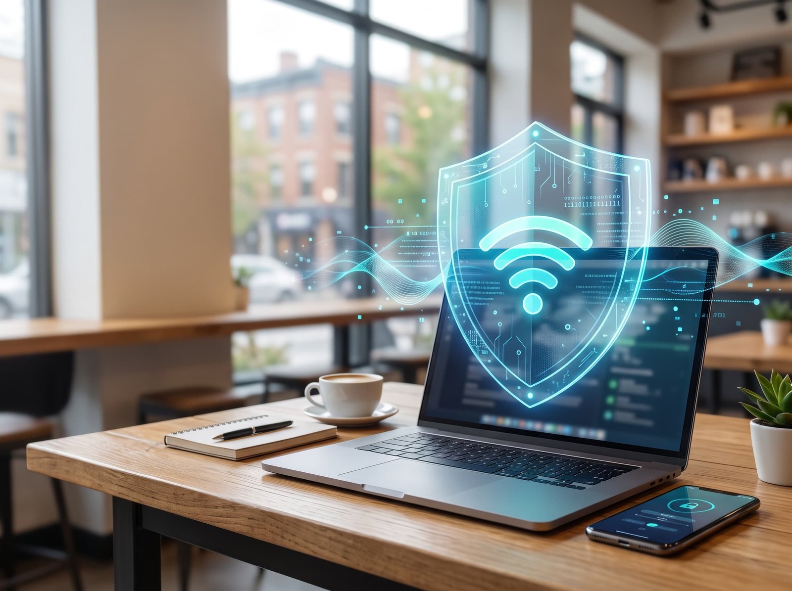 Ordinateur et téléphone protégés par un bouclier numérique lors d’une connexion Wi-Fi publique.